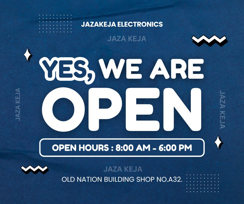 Hey everyone!  We're open today from 8AM to 6PM, ready to help you with all your electronics and kitchen appliances needs. See you soon! #JazaKejaElectronics #OpenNow #Mpesa #Omanyala #GodofIsrael #DojaCat #WorldWar3
