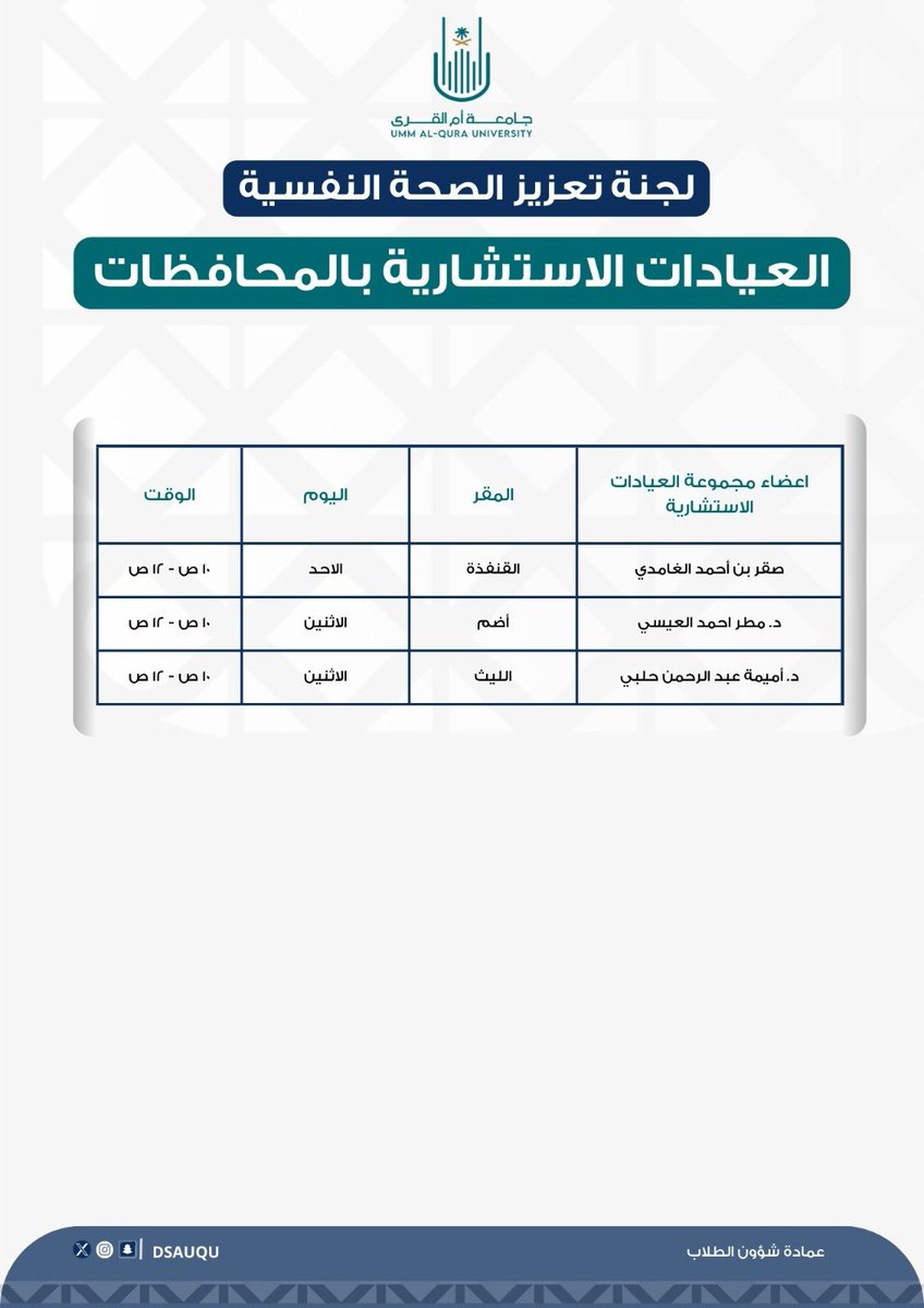CMH_UQU's tweet photo. تعلن لجنة تعزيز الصحة النفسية عن مواعيد العيادات الاستشارية الحضورية بمقر العابدية، الزاهر والمحافظات: الليث،القنفذة،اضم.
سجل من خلال الرابط 
🔗 https://t.co/tC4Tqf7vb8
📍يتم التنسيق للخدمة بسرية تامة
📧 للاستفسار 
CMH_UQU@uqu.edu.sa 
#جامعة_أم_القرى 
#عمادة_شؤون_الطلاب https://t.co/iWqH6ZnoIT