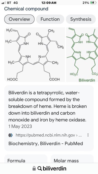 This is super strange. @NicoleCutler looked up what made Robin’s eggs blue… it is biliverdin. Which is the exact structure that is the broken down product of heme, the structure that carries iron in the body to protect us from its toxic effects. Heme is destroyed on exposure…