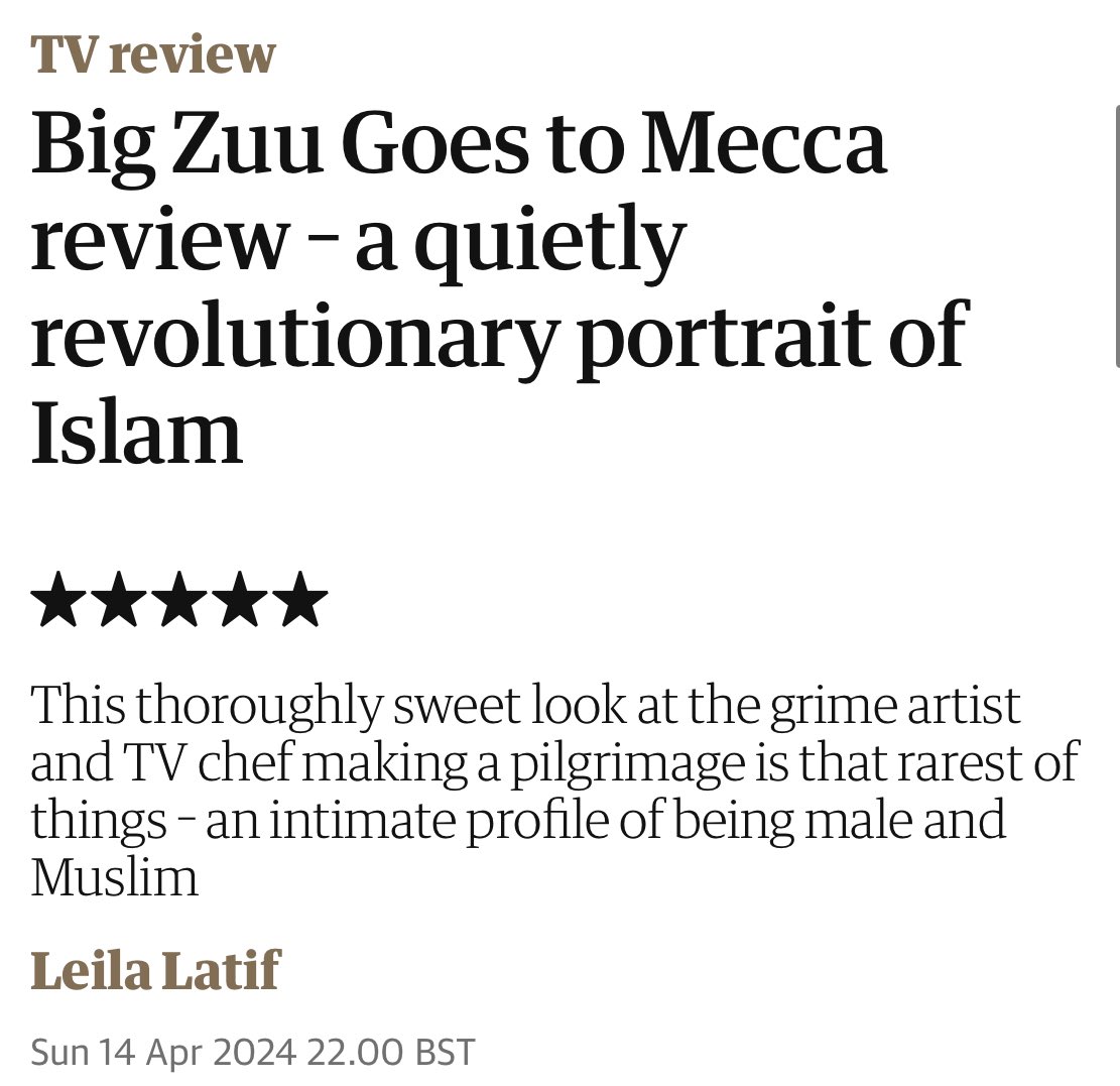 adahmed's tweet photo. A lovely 5* Guardian review of our latest film, Big Zuu goes to Mecca. 

“A quietly revolutionary portrait of Islam”

Watch now on BBC iPlayer: 

https://t.co/JtWzHGf3mS https://t.co/8XOuSoRl9j