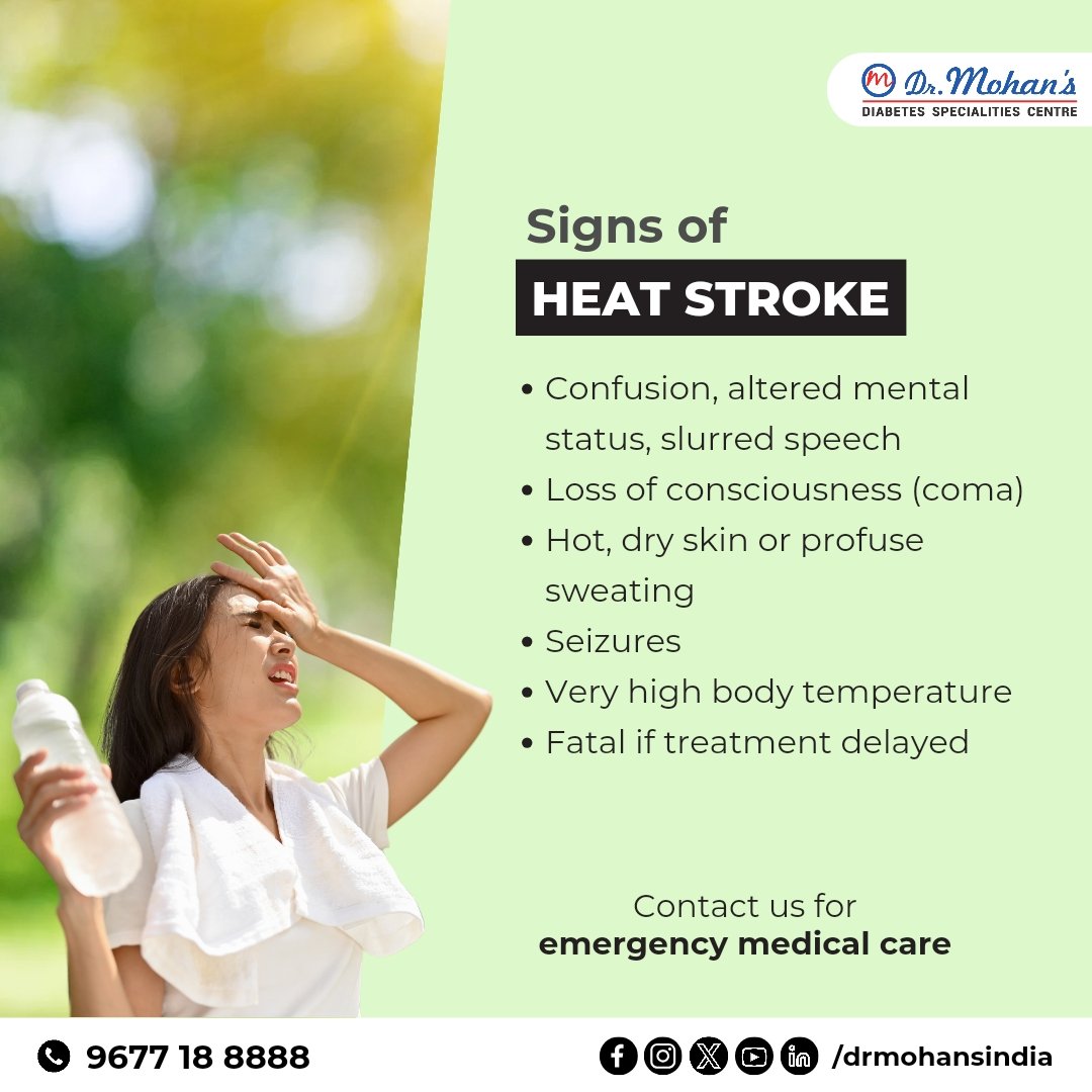 Did you know that heat stroke can be especially dangerous for those with diabetes? 🌞

Keep yourself and your loved ones informed and protected. 

Contact us at 9677188888 for expert advice and support. Let's beat the heat together!

#DrMohansDiabetes #DMDSCCares