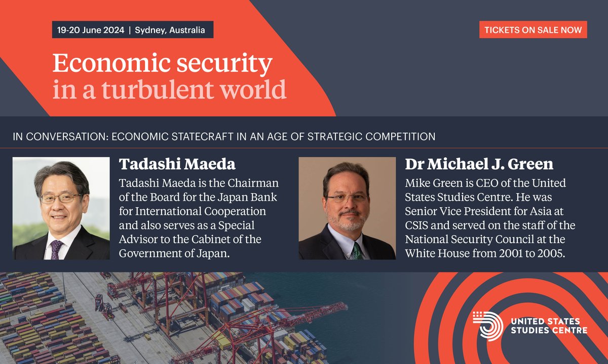 In conversation: Economic statecraft in an age of strategic competition Chairman of the Japan Bank for International Cooperation, Mr Tadashi Maeda will address @USSC's Economic security conference followed by a conversation with USSC CEO @DrMichaelJGreen. ussc.edu.au/economic-secur…