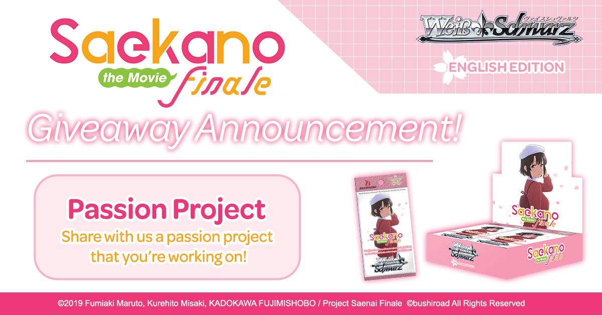weissschwarz_en's tweet photo. Giveaway! 🎉  

Stand a chance to win a Booster Pack Saekano the Movie: Finale display!

Share with us your passion project in the comments! 🎮  

🔗https://t.co/ylJ0ZTadup  

#WeissSchwarz #TCG #Saekano #Giveaway https://t.co/bcyNYhwSuj