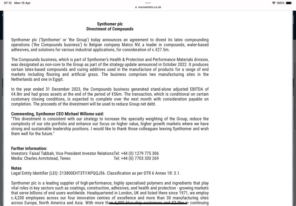 #SYNT Appears to be having a half price sale as it sells its latex compounding business It’s been sold for €27.5m but has gross assets of €56m 🤔 Matco getting a bargain as Synthomer judge it be non core & pay down their debt