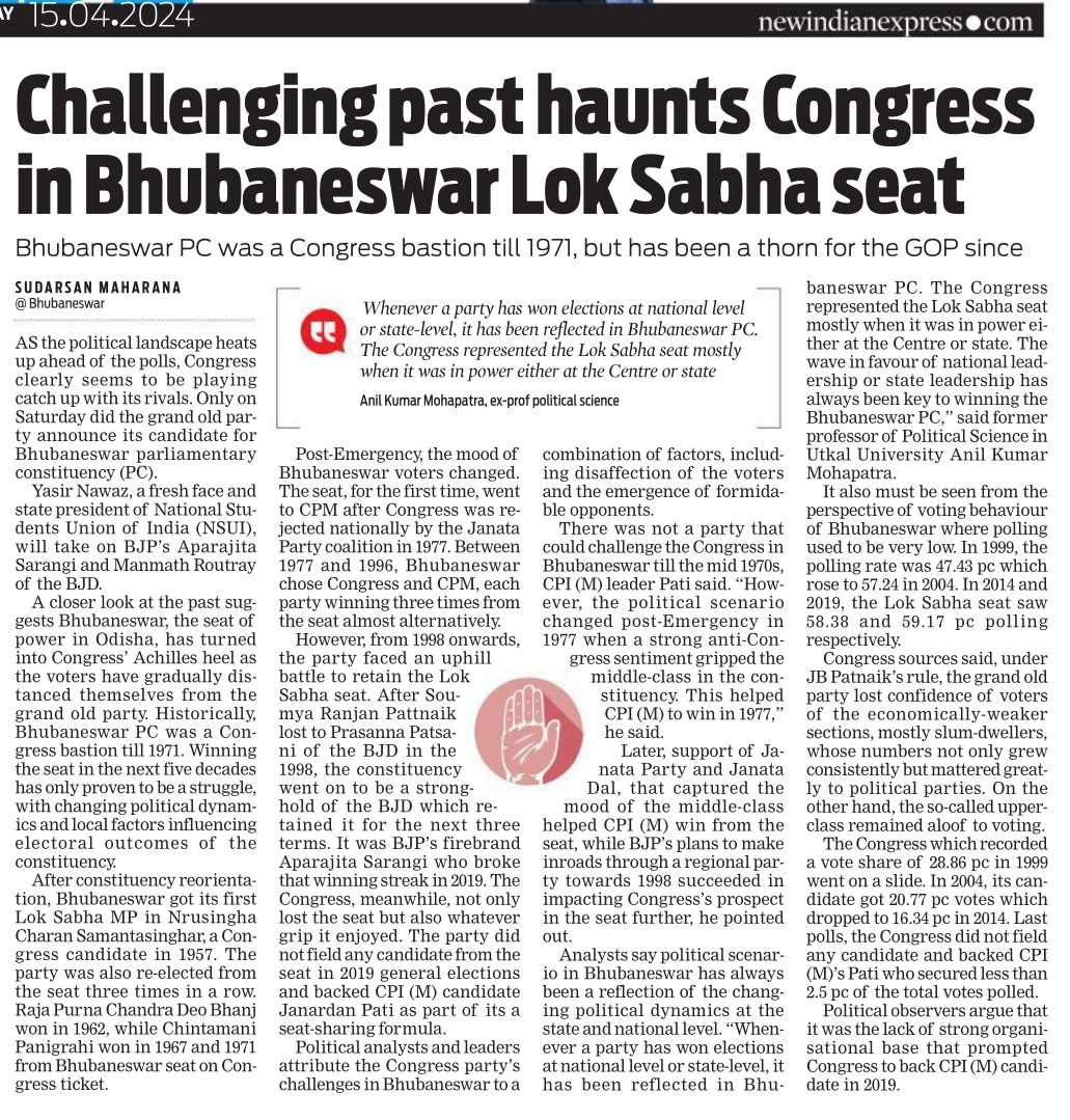 Challenging past haunts #Congress in #Bhubaneswar Lok Sabha seat ahead of elections | writes @Sud_TNIE | #Odisha @NewIndianXpress @santwana99 @Siba_TNIE newindianexpress.com/states/odisha/…