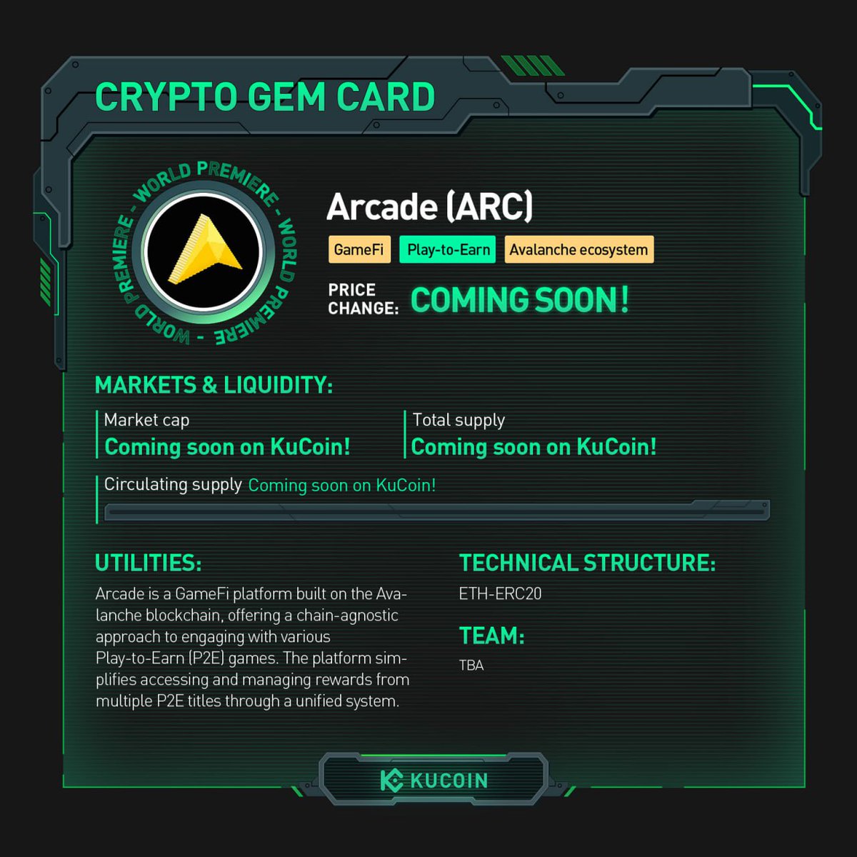 $ARC trading is now live on #KuCoin! 🚀ARC/USDT: trade.kucoin.com/ARC-USDT?utm_s… Find out more about Arcade in #KuCoinCryptoGem card. #GameFi #PlayToEarn #AvalancheEcosystem