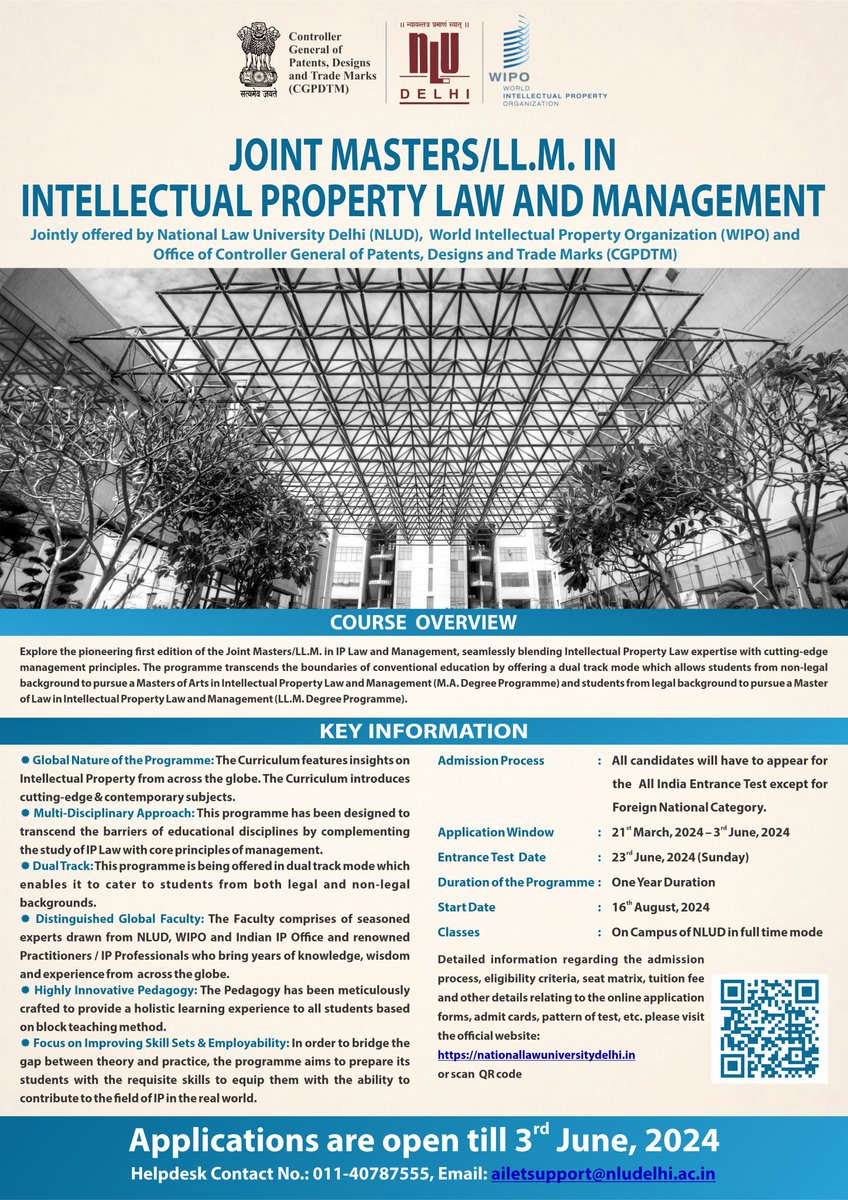 CIIPC_nlu's tweet photo. The National Law University Delhi is inviting applications for admission to the Masters of Arts in IP  Law and Management (M.A. Degree Programme)/ Master of Law in IP Law and Management (LL.M. Degree Programme).

For more information, visit the website: https://t.co/psCasyk56B https://t.co/mb6stAENgJ