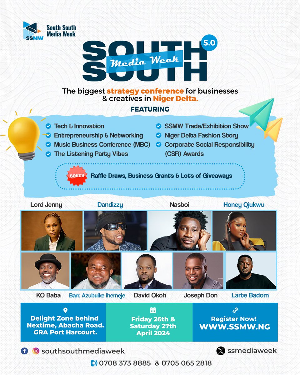 Learn, vibe & build conversations, transactions & collaborations. #SouthSouthMediaWeek is centered around Tech, Entrepreneurship, Media, Entertainment, Governance... Fri. 26th & Sat. 27th April 2024 At Delight Zone off Abacha Road, GRA. PH Register at ssmw.ng/tickets