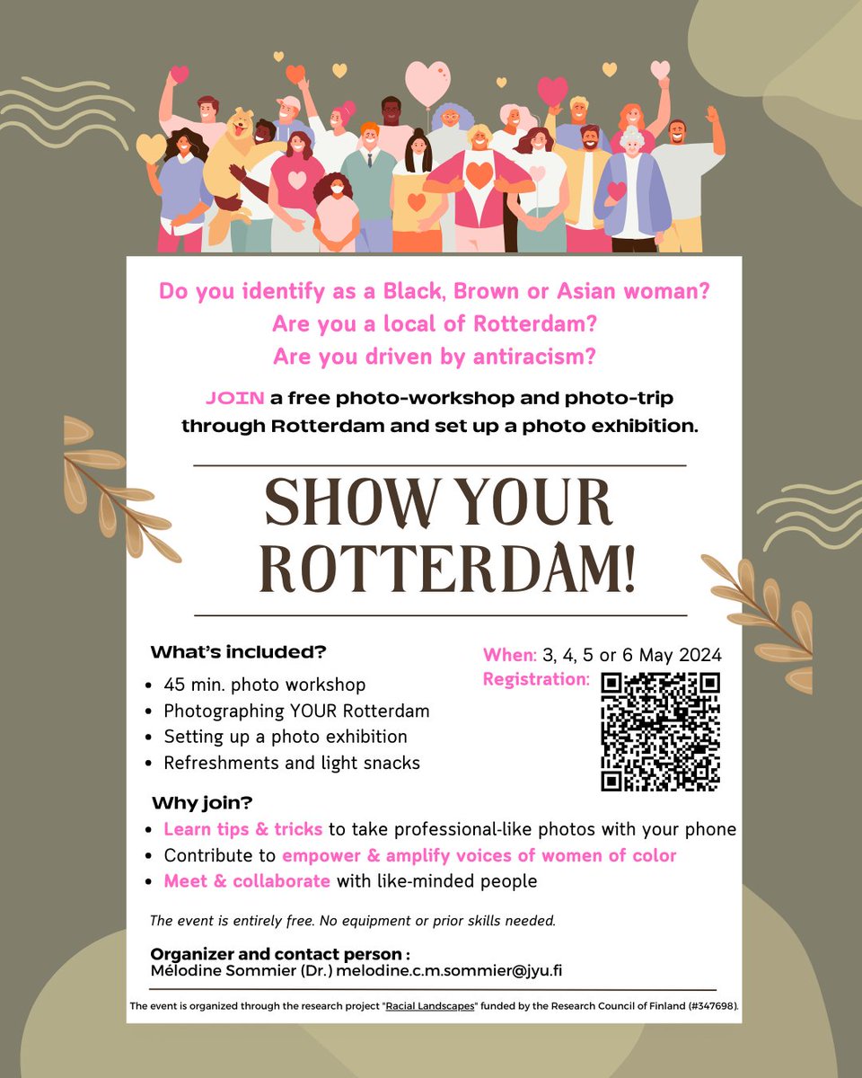 I am organizing a series of workshop in #Rotterdam in early May as part of my project on Racial Landscapes.  Do you identify as a #Black, #Brown or #Asian woman? Are you a local of Rotterdam? 
Come and show YOUR Rotterdam!  

Register👉lnkd.in/dYmmEq_u
RT appreciated!❤️
