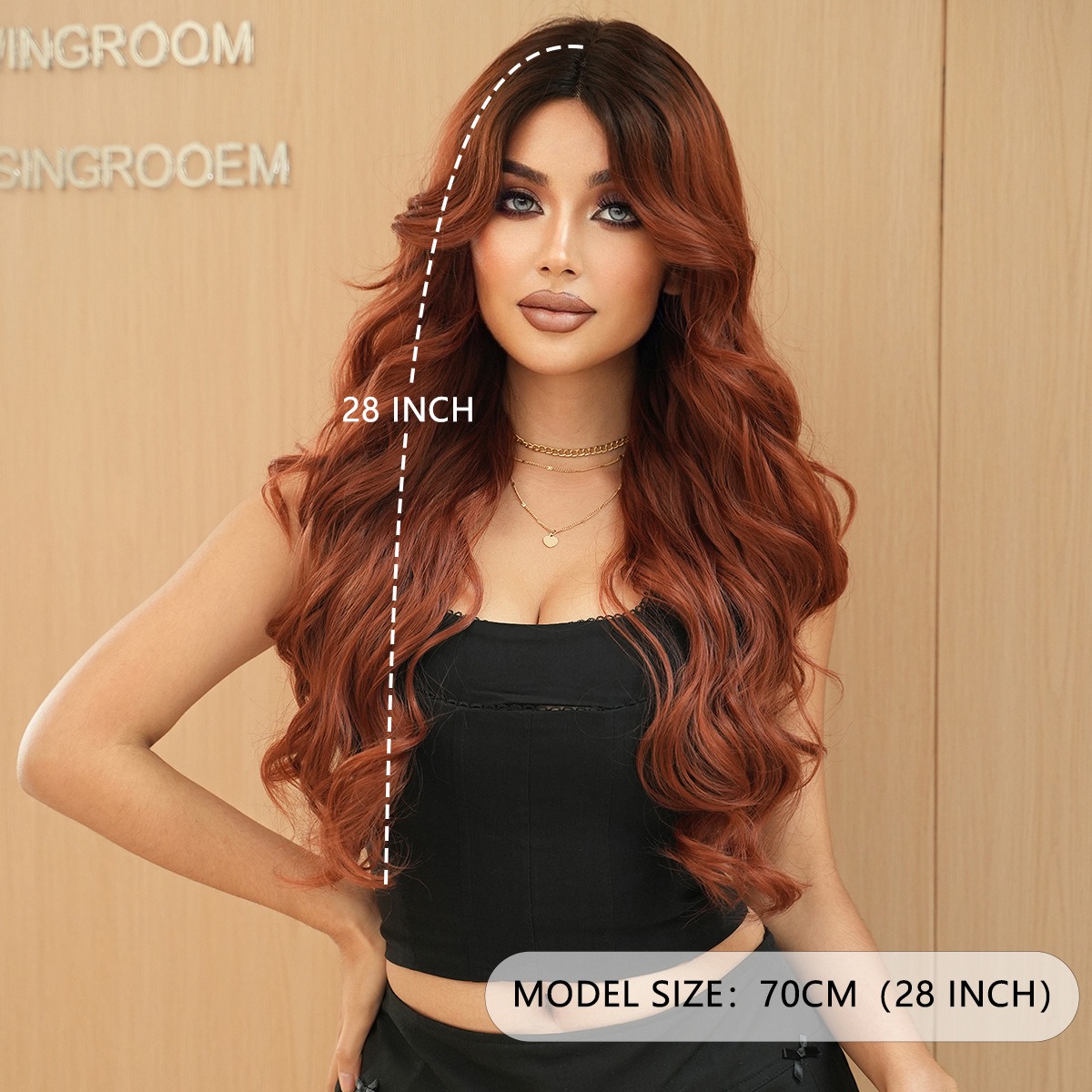 Elevate your style game with our Synthetic Hair Wig! Small T lace design, rich caramel brown waves for a chic look. #SyntheticWig #CaramelBrown #WavyHair #FashionForward