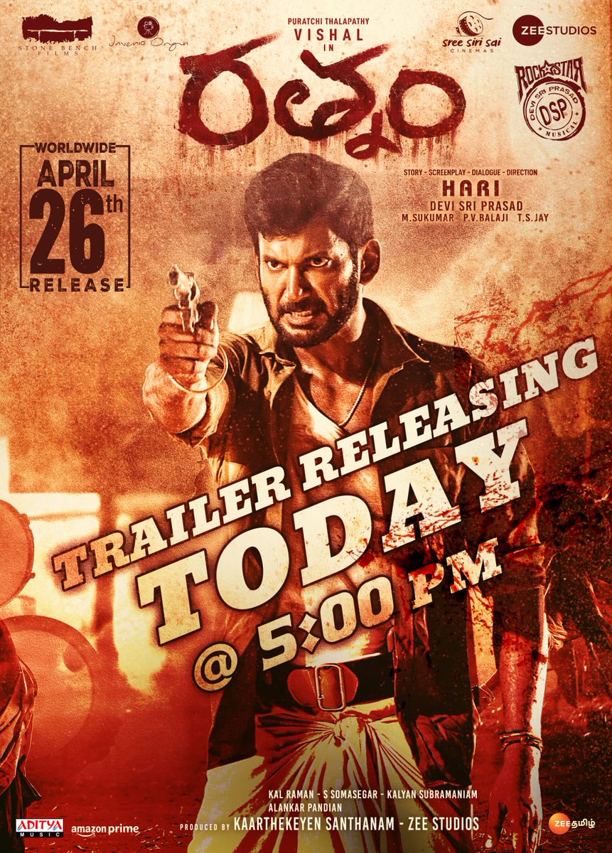 #Rathnam trailer today evening at 5PM   

#Vishal - #Hari - #DeviSriPrasad 

In theatres on April 26th!  

#RathnamTrailer #Tupaki