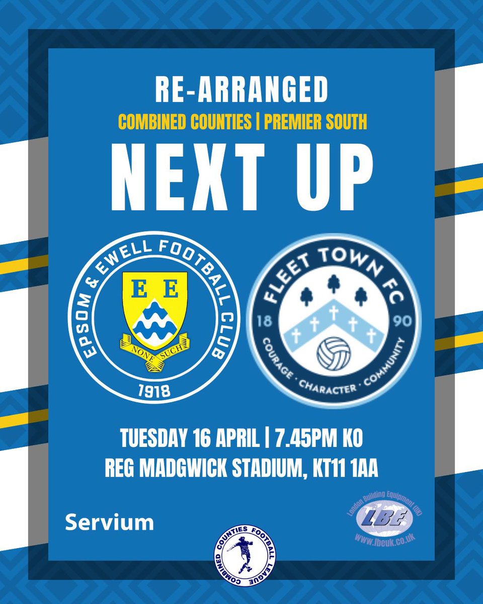 NEXT UP: we play our rearranged game 🆚 @FCFleetTown 🏆 CCL| Prem South 🗓️ Tuesday 16th April ⏱️ KO 7:45pm 🏟️ The Reg Madgwick Stadium 📍KT11 1AA Both clubs have agreed that the proceeds from the game will be donated to the Ambulance Service. 🅿️ Limited parking available