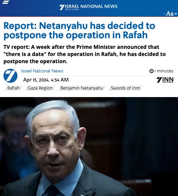 #Netanyahu said he has decided to postpone the operation in Rafah.

The man is a blatant liar and is an expert in creating diversion, so I'm not gonna bet on it.

#Rafah #Israel #GenocideinGaza