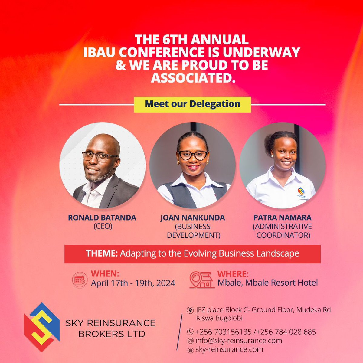The 6th Annual IBAU Conference is on from April 17th - 19th, 2024 & we are over the moon to be involved! Here’s our delegation; ♟️CEO - Ronald Batanda ♟️Business Development - Joan Nankunda ♟️ Administrative Coordinator - Patra Namara Don’t miss!