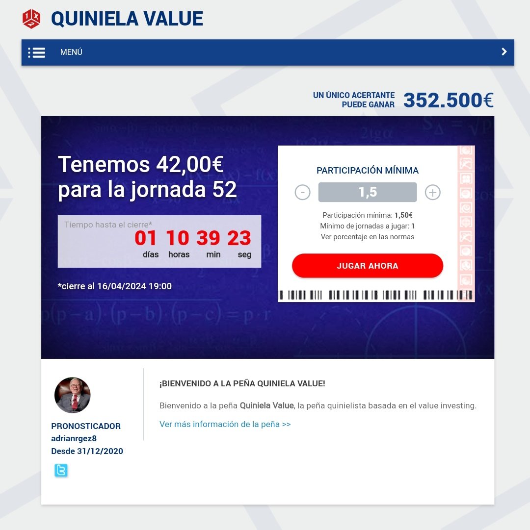quiniela_value's tweet photo. ⚽ Jornada 52 abierta!

https://t.co/oMn0lWTi4s

#Quiniela https://t.co/s4NHCVXtUU