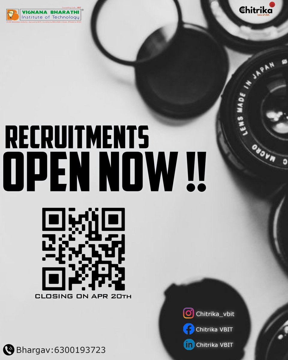 Greetings from #TeamChitrika!

Capture moments, create memories. Join our photography team!

Recruitments Open Now

forms.gle/2uC6r66Uy6ni3B…

#VBIT #Lensofvbit #Recruitments #Photography #Opportunity #Skills #College #Students #Joinus #Memories #Capturemoments #CreateMemories