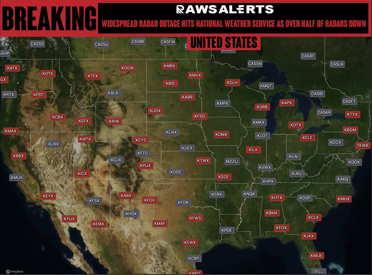 🚨#BREAKING: The National Weather Service is currently experiencing a widespread radar outage event, with half of its radars are down 📌#UnitedStates | #USA Currently, approximately half or almost of all National Weather Service weather radars are experiencing a widespread…