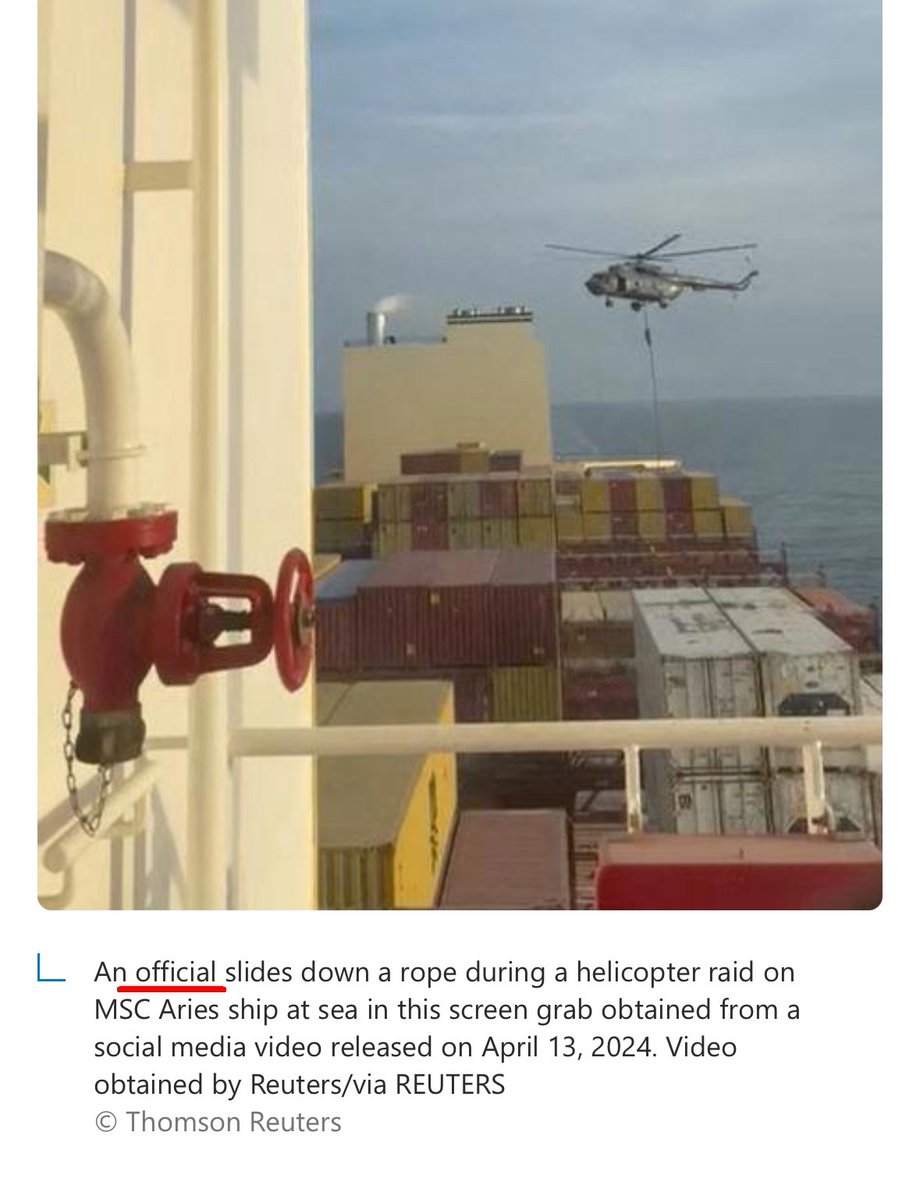 Caption fail: According to @Reuters, Iranian Revolutionary Guards seizing an Israeli-linked cargo ship in the Strait of Hormuz are 'officials.' 😲 msn.com/en-za/news/wor…