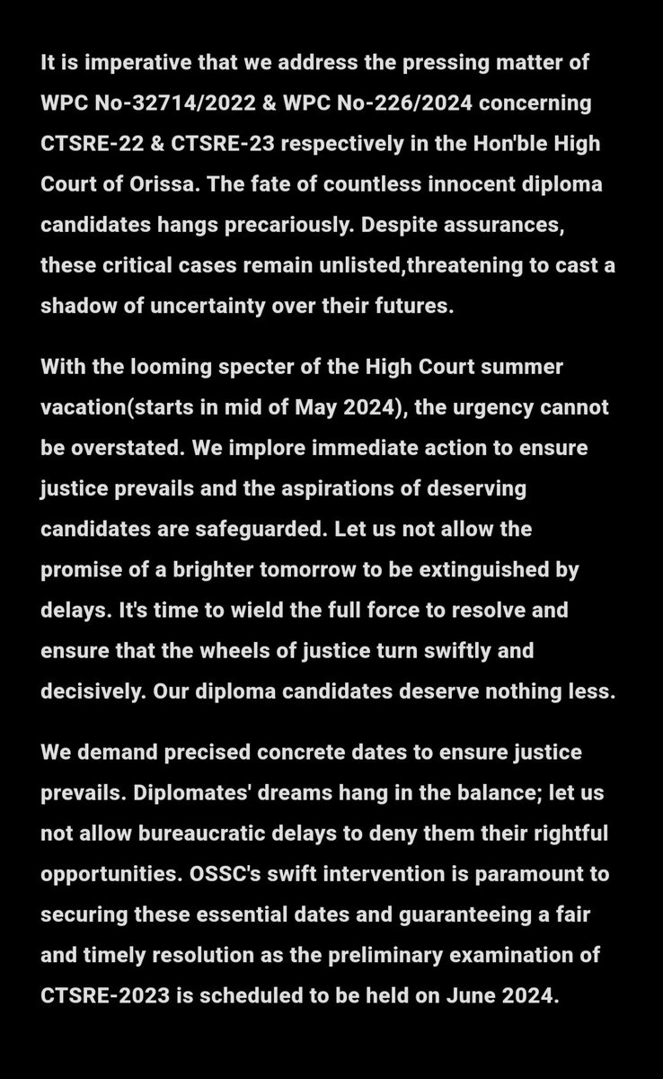 uedeaodisha's tweet photo. Respected Chairman @abhayips86  Sir,
Urgent attention needed on WPC No-32714/2022 &amp; 226/2024 of CTSRE-22 &amp; CTSRE-23 in Hon'ble High Court of Orissa.Innocent diploma candidates' future hang,despite assurances cases remain unlisted. Request prompt action to ensure justice prevails. https://t.co/DLPDyKKaS1