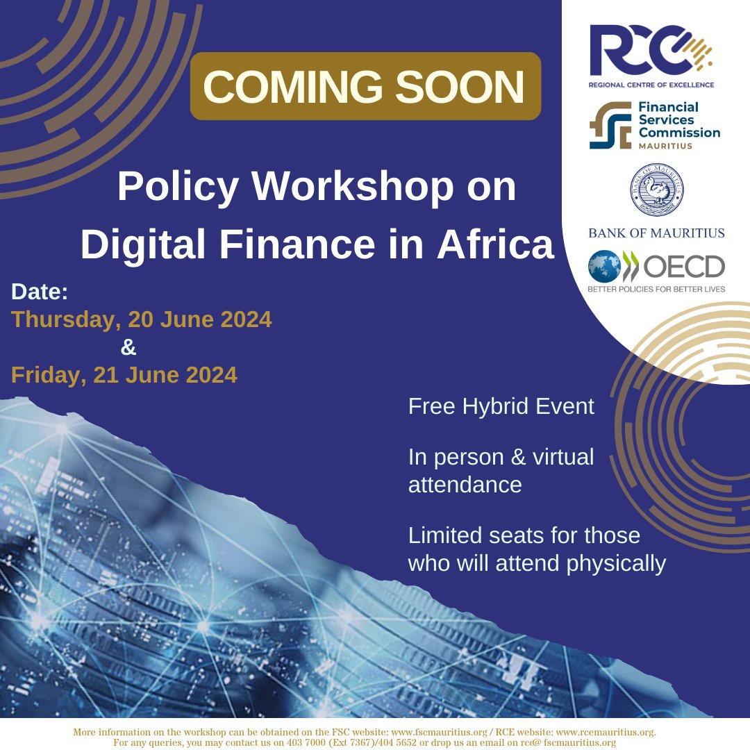 RCE in collaboration with the <a href="/OECD/">OECD ➡️ Better Policies for Better Lives</a> upcoming policy workshop on Digital Finance in Africa on 20&amp;21 June 2024

Registration opening soon.