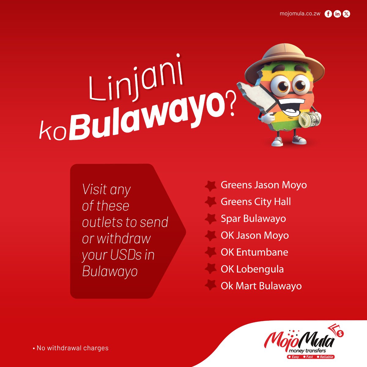 Linjani Bulawayo!!!

Do you want to send or withdraw your USD in Bulawayo?  Visit our MojoMula outlets for unmatched service. 
 #MojoMula #moneytransfer