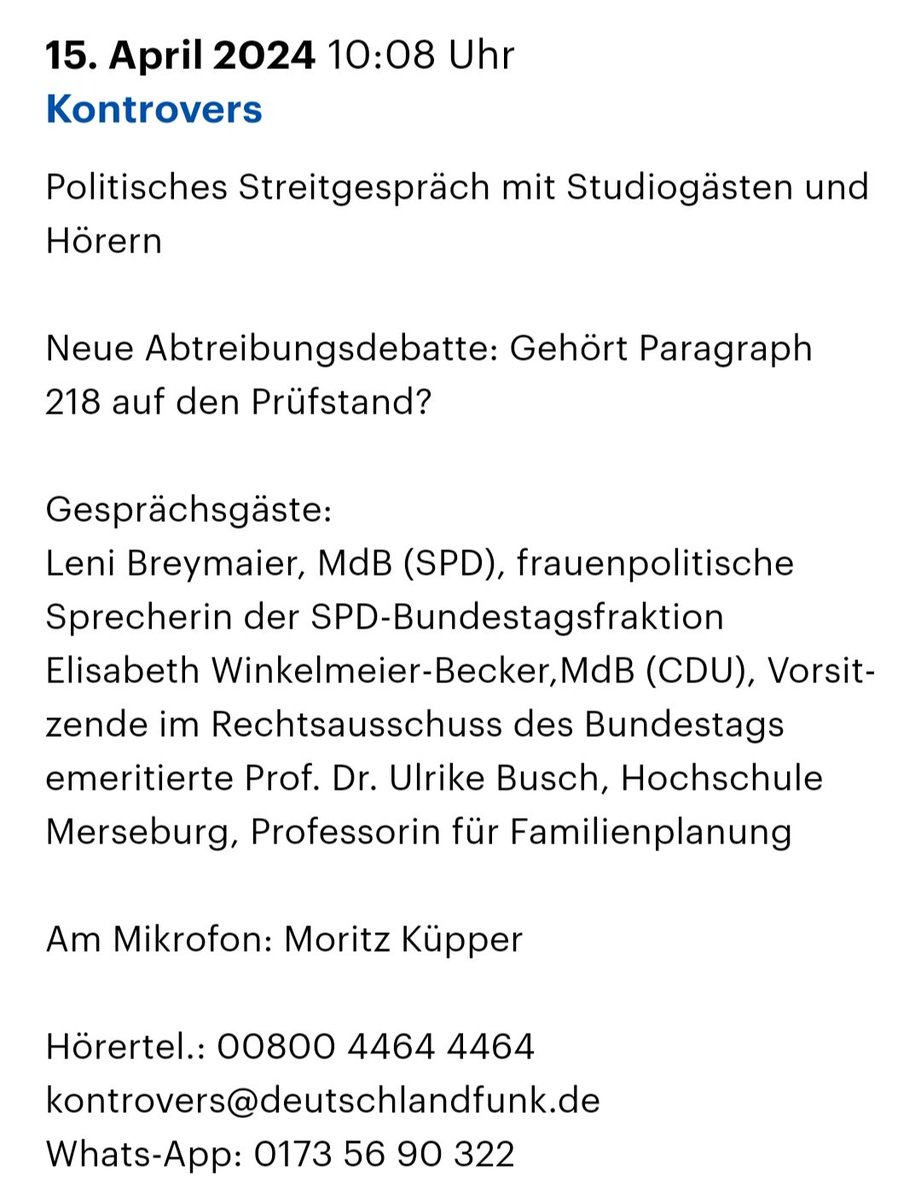 #Deutschlandfunk #Kontrovers zu Paragraph 218 #Schwangerschaftsabbruch Politisches Streitgespäch mit @ElisabethWinke4 und @LeniBreymaier. Nachher live 👇 @moritzkuepper