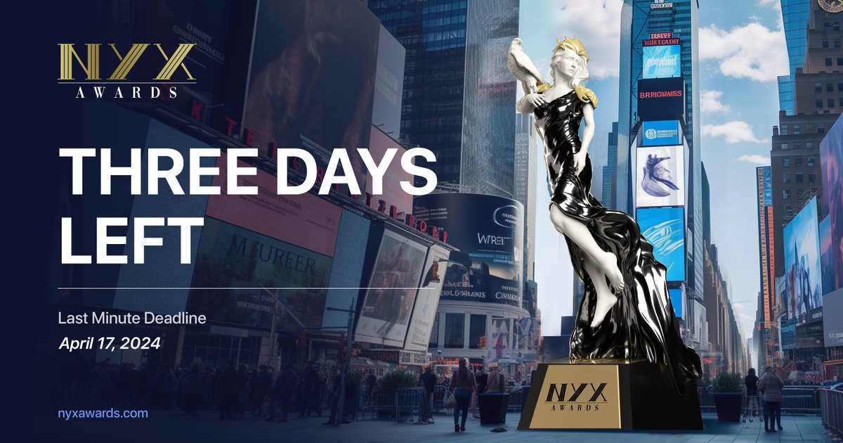 The 2024 NYX Awards will be closing off its submission period in 3 days, with the results being announced shortly after. 

Enter today: nyxawards.com

#NYX #NYXAwards #marketingawards #creativeawards #videoawards #NYXShowcase #NYXHighlight #NYXFeature #NYXInspiration