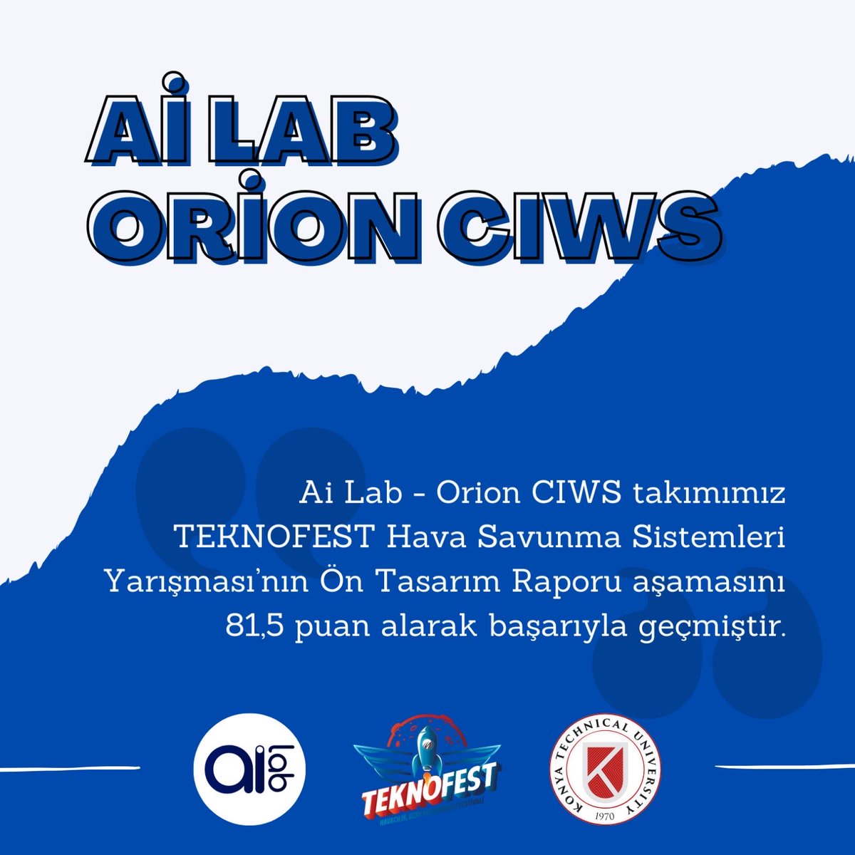 ORION CIWS takımımızı tebrik eder,diğer aşamalarda başarılar dileriz. 🤩🤩
⁦<a href="/teknofest/">TEKNOFEST</a>⁩ <a href="/KTUNEDU/">Konya Teknik Üniversitesi (KTÜN)</a>⁩