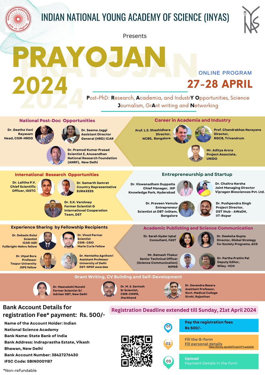 Are you thinking of registering for PRAYOJAN 2024? 🤔 Here you go! The most relevant topics and a wonderful lineup of speakers. Make the best use of this opportunity and craft your career path well on time. Register Here: forms.gle/4WPFodyQPYwpfx…… @INYAS_INSA