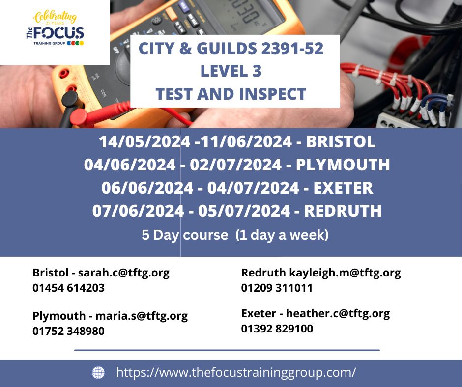 Electricians book now for the CITY & GUILDS 2391-52 Level 3 Test and Inspect Course available across all of our centres. This 5 day course is 1 day a week over consecutive weeks. Book online buff.ly/4aHjiTv or contact one of our centres.