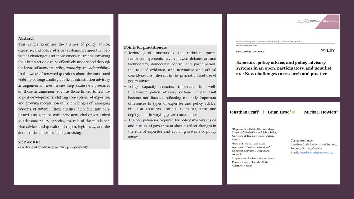 AusJPA's tweet photo. 📣🆕Early view❗️
How are #PolicyAdvisorySystems adjusting & responding to recent challenges❓
@Jonathan_Craft, Brian Head & @howlettm discuss #instrumentality, #authority & #adaptability lenses in the introduction of the forthcoming Special Issue👇
https://t.co/2p7Ve5GcwF https://t.co/CgkzLDVKz1