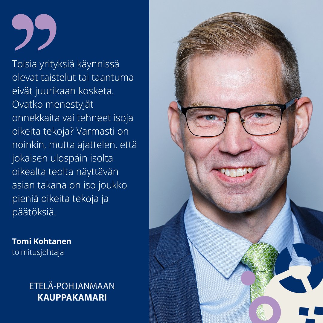Toimitusjohtajamme Tomi Kohtanen pohtii uusimmassa kamariviestin pääkirjoituksessa pieniä, oikeita tekoja ja niiden merkitystä. Lue koko pääkirjoitus täällä: etela-pohjanmaankauppakamari.fi/uutinen/pienia…

#epkauppakamari #pääkirjoitus