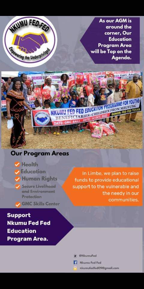 In Limbe, we plan to raise funds to provide educational support to the vulnerable and the needy in our communities. Support our education program area.
<a href="/ChrisFomunyoh/">Dr. Christopher Fomunyoh</a> 
<a href="/VitalVoices/">Vital Voices</a> 
<a href="/UEauCameroun/">L'UE au Cameroun et pour la Guinée équatoriale</a> 
<a href="/UN_Women/">UN Women</a> 
<a href="/UNHumanRights/">UN Human Rights</a> 
<a href="/USEmbYaounde/">U.S. Embassy Yaounde</a> 
<a href="/CanadaCameroon/">Canada in Cameroon</a> 
<a href="/UNDP/">UN Development</a> 
<a href="/Sisterspeak237/">Sisterspeak237</a>