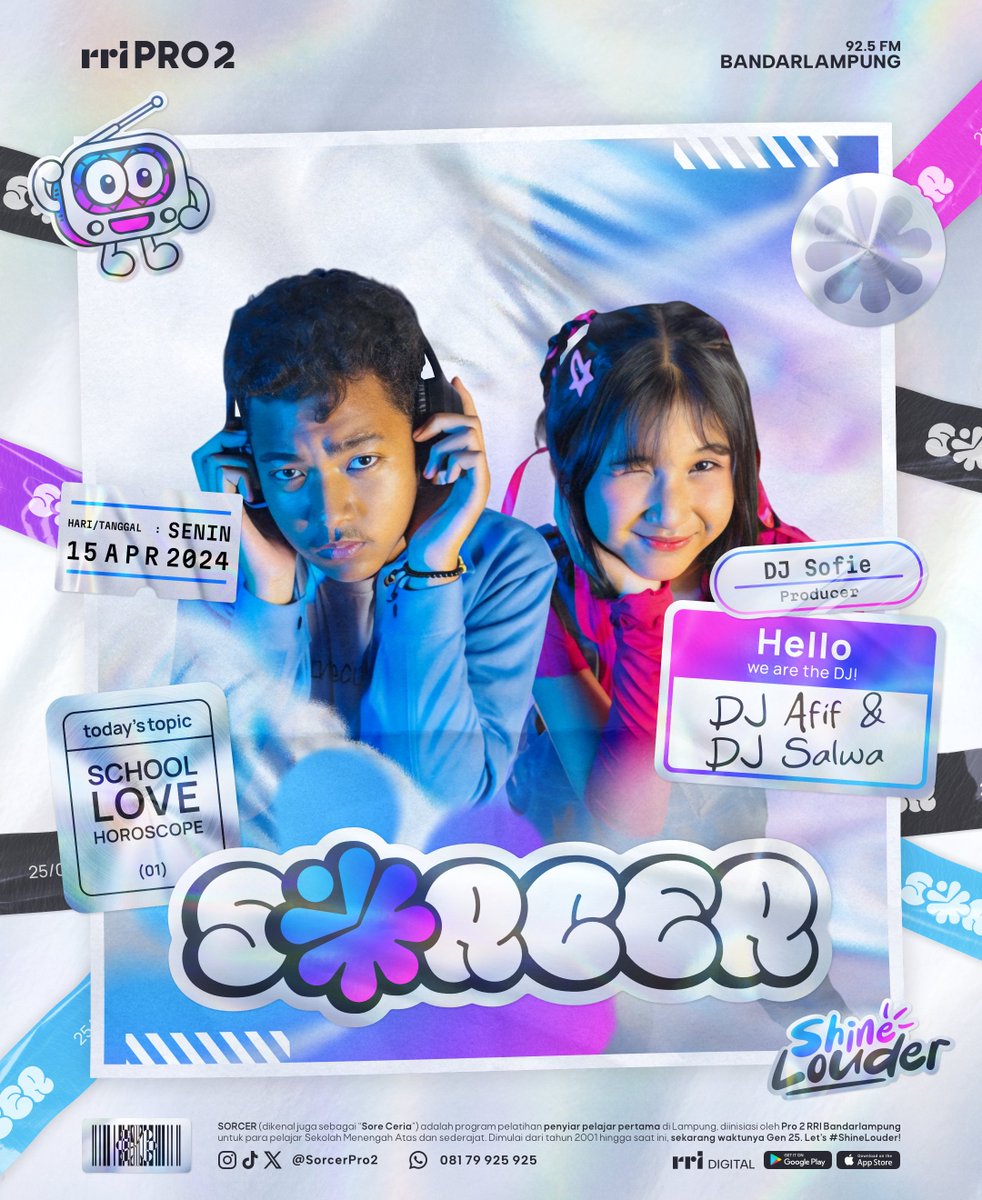 sorcerpro2's tweet photo. Senin sore ini di SORCER ada DJ Afif dan DJ Salwa! Mereka bakal bahas School, Love, and Horoscope. Request dan titip salam, langsung ke DM atau Instagram Stories yap!

#Sorcer #Sorcer25 #ShineLouder https://t.co/MpJAh3LlOU