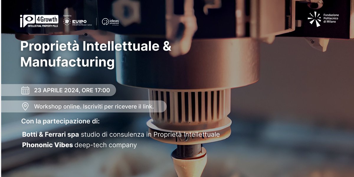 FondaPoliMi's tweet photo. Quali fattori considerare quando si decide se brevettare un'innovazione? Ne parleremo al workshop di #IP4Growth; il 23/04. Ospiti lo studio di consulenza in proprietĂ industriale e intellettuale @botti_ferrari e l'azienda Phononic Vibes
đIscriviti: https://t.co/3lwBHeZx9o https://t.co/JmFgGl048b