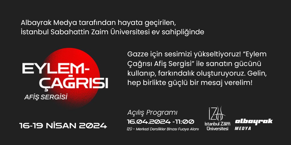 Gazze için sesimizi yükseltiyoruz, sanatın gücü ile farkındalık oluşturuyoruz. @AlbayrakMedya tarafından hayata geçirilen ev sahipliği yaptığımız, “Eylem Çağrısı Afiş Sergimize” davetlisiniz. 🗓️ 16-19 Nisan 2024 ⏰ 11.00 📍 İZÜ Merkezi Derslikler Binası #izü #gazze #sergi