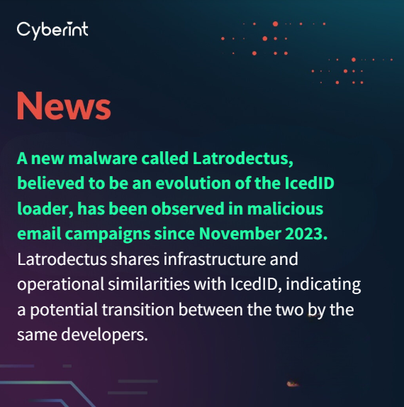 A new malware called #Latrodectus, probably an evolution of the #IcedID, has been observed in malicious email campaigns since Nov 23. Read more in our weekly news update: bit.ly/43RAnad #Cybersecurity
