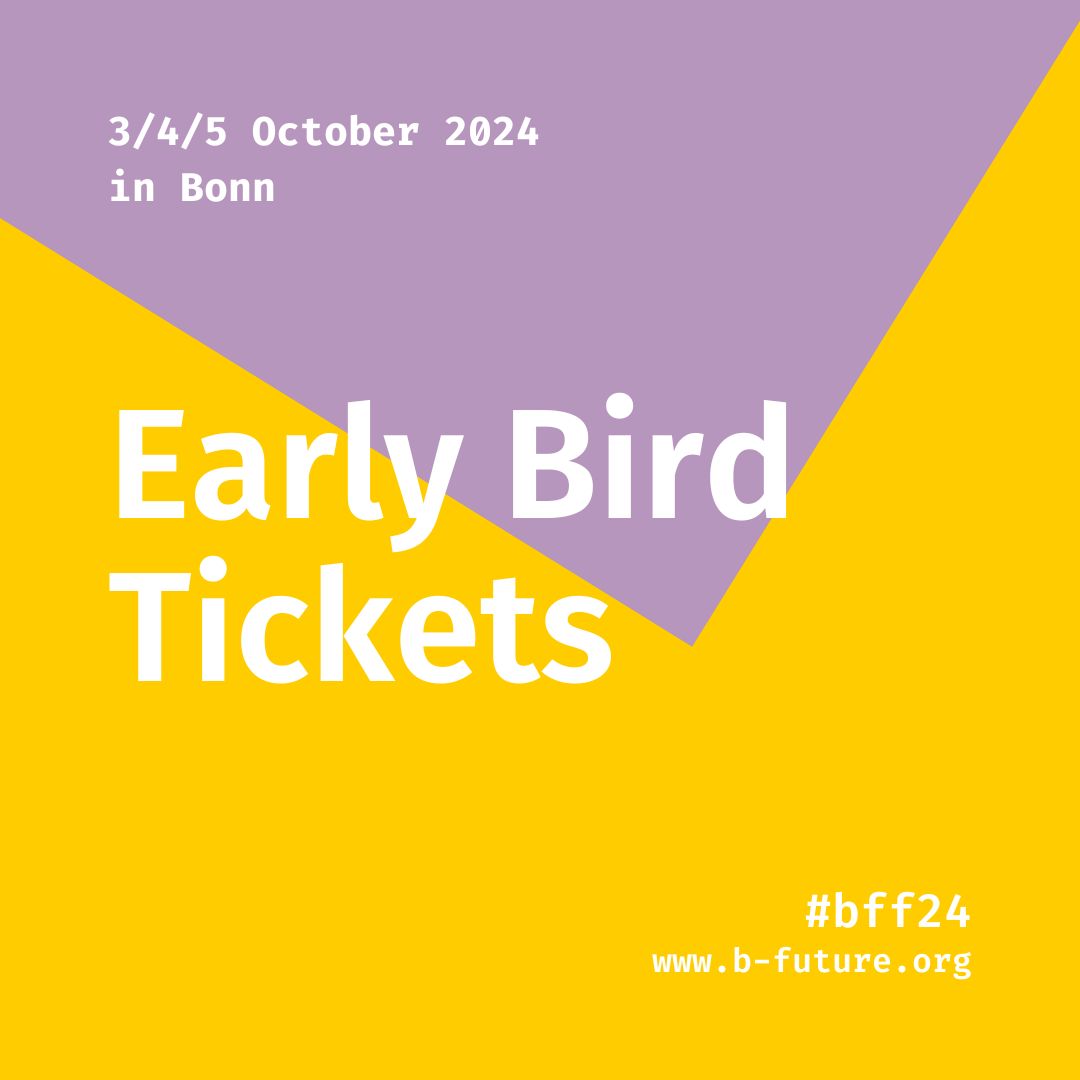 Get ready for the b° future festival! The sale for our discounted Early Bird Tickets is going live: pretix.eu/b-future/2024/ The festival pass gives you access to all sessions, gatherings and parties during our #bff24 weekend (October 3 - 5).