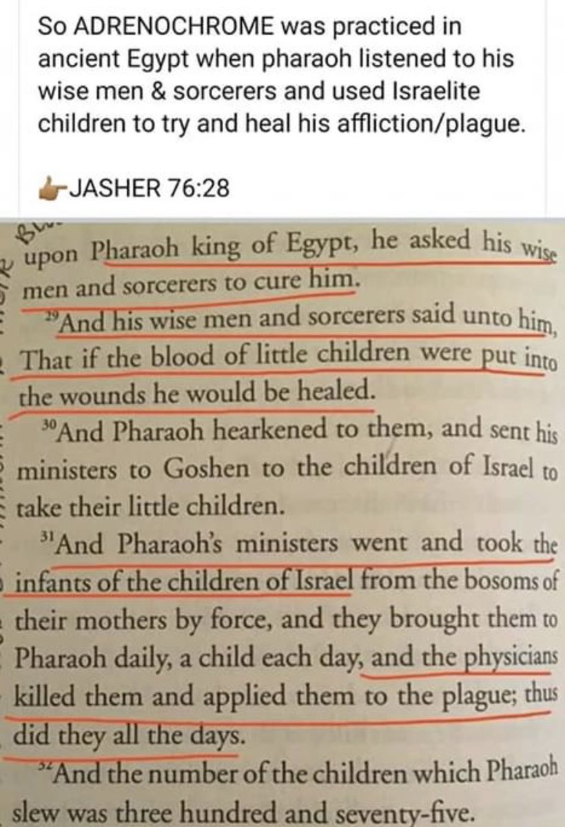 If you didn’t know ~

#babyblood #Biblical #adrenachrome #Revelations #jasher #Church #Sacrifice