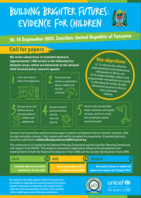 Enjoy Zanzibar 🇹🇿 + discuss multi-dimensional child poverty! 

<a href="/UNICEFTanzania/">UNICEF Tanzania</a> <a href="/MipangoZanzibar/">Zanzibar Planning Commission</a> <a href="/Planning_Tz/">Planning Commission_Tanzania</a> call for abstracts for conference happening 18-19 Sept 👇🏾

*limited travel grants are available for young African researchers based in Tanzania

h/t <a href="/luisanatali/">Luisa Natali</a>