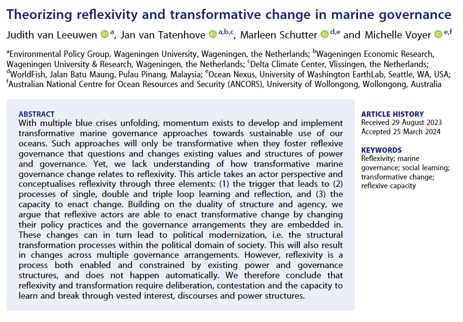 Published online Open Access:

Theorizing reflexivity and transformative change in marine governance

Judith van Leeuwen (@judith_leeuwen), Jan van Tatenhove (@vantatenhoveJPM), Marleen Schutter (@SchutterMarleen) & Michelle Voyer (@michelle_voyer) 

doi.org/10.1080/152390…