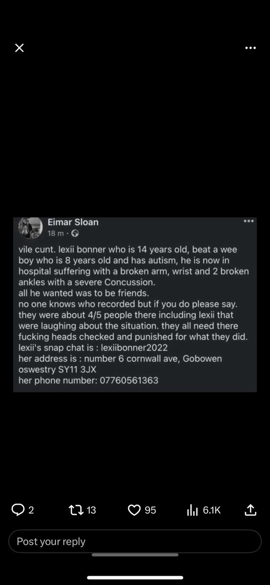 Bob201700's tweet photo. Lexi bonner got jumped and her windows smashed in last night but she has come out and said she wasn’t even home.. she has gone to live in a small town with her nan if anyone sees her round there I doubt she will be coming back home with all her limbs https://t.co/kJhA6AC3Im
