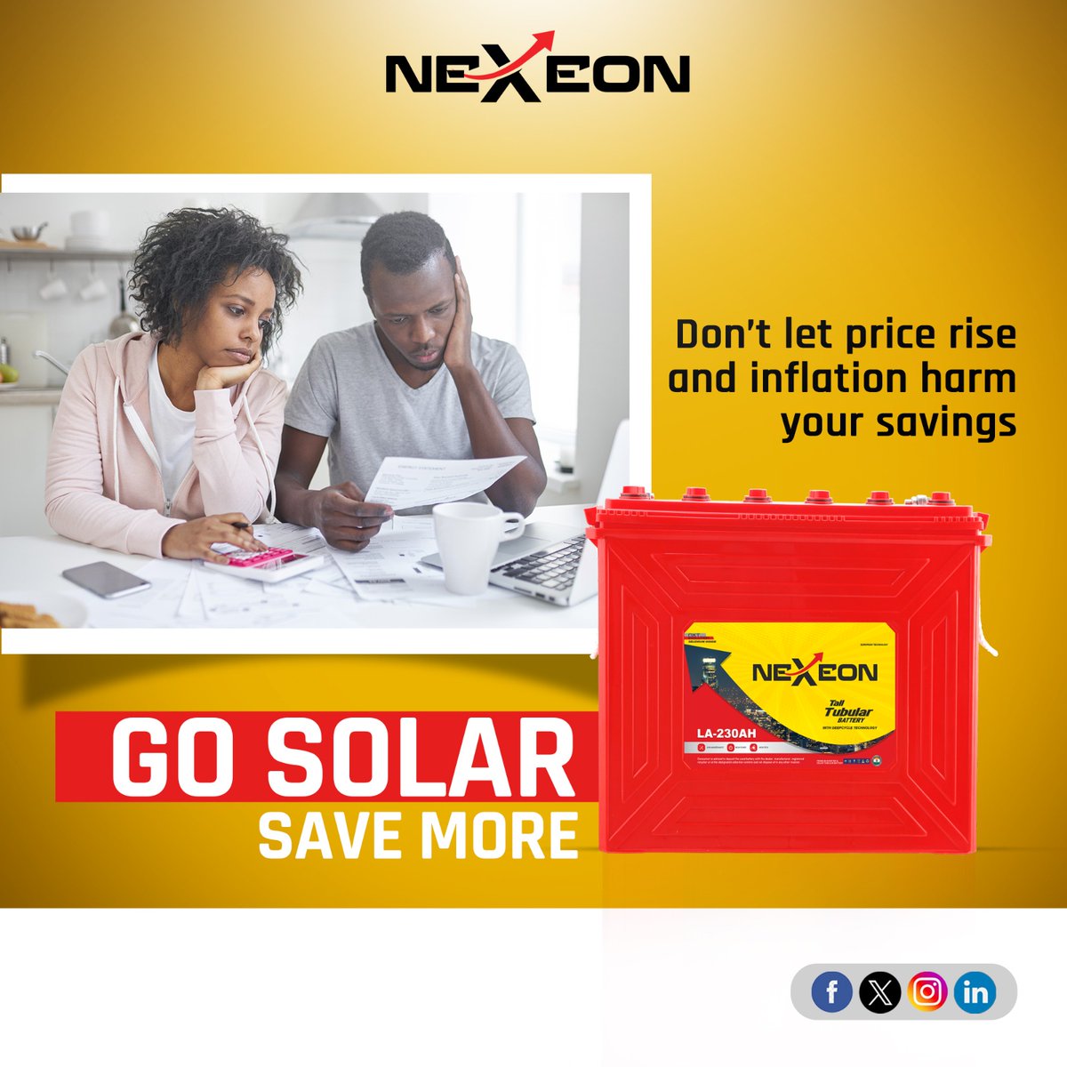 Shield your savings from the storm of rising prices and inflation by harnessing the power of solar energy. Choose Nexeon’s solar Battery and save more.

#NexeonBattery #BatteryIndustry #BatteryManufacturer #Batteries #SolarBattery #SolarPowered #GoSolar #ReliableBattery #Nigeria