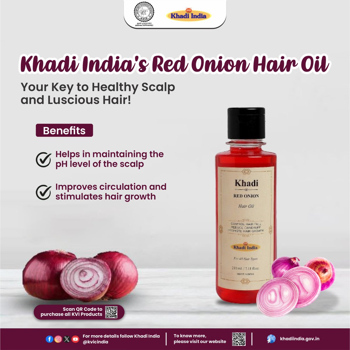 Khadi India’s Red Onion Hair Oil is rich in antibacterial properties and keeps your scalp healthy and free of infections. It accelerates hair growth and fights dandruff. It stimulates your scalp and improves blood circulation. Visit your nearest #Khadi store or purchase all