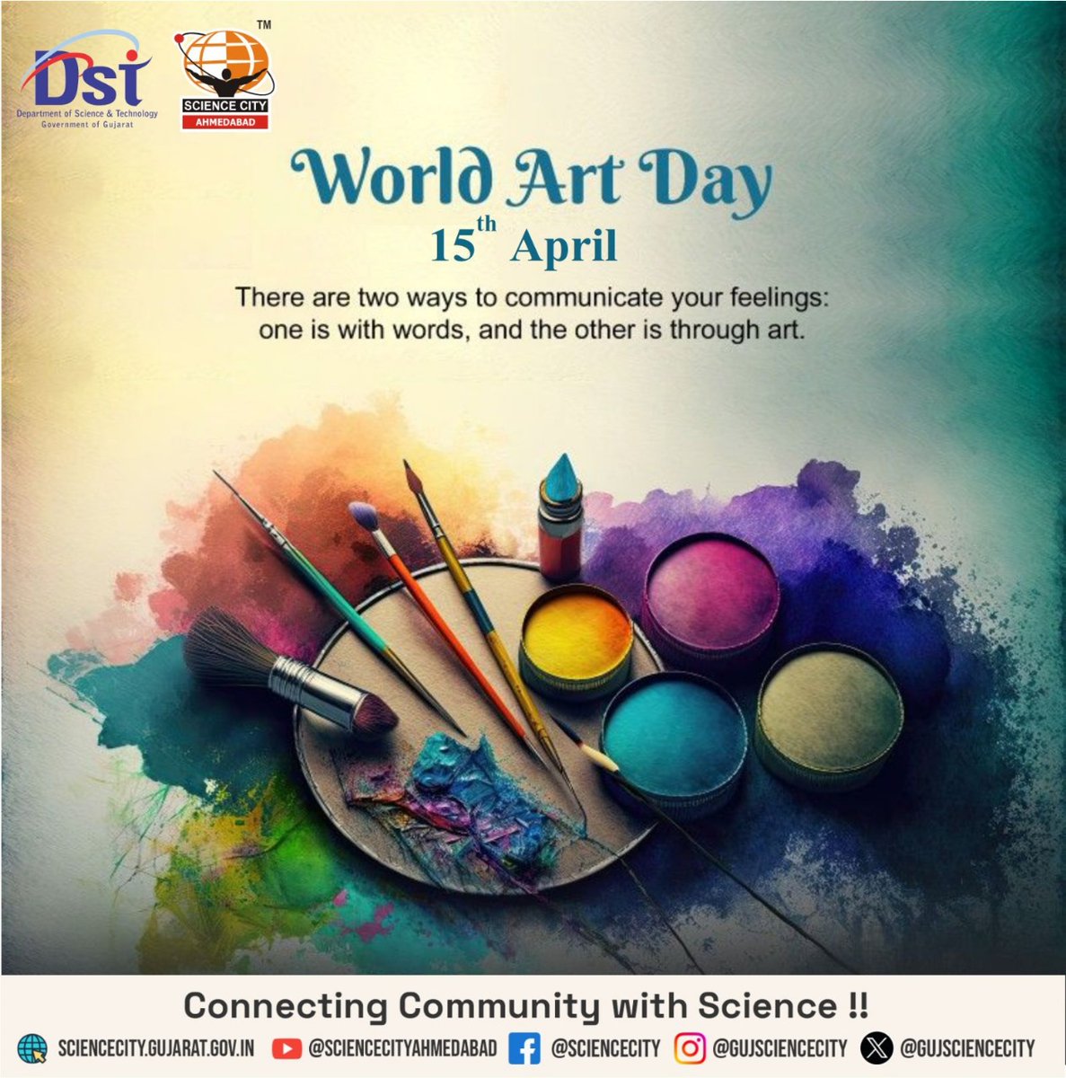 It's World Art Day! Art unites & inspires. Celebrate by visiting a museum, creating something or simply appreciating beauty around you. #WorldArtDay #ChaloScienceCity @indiadst @dstgujarat @jbvadar @InfoGujarat