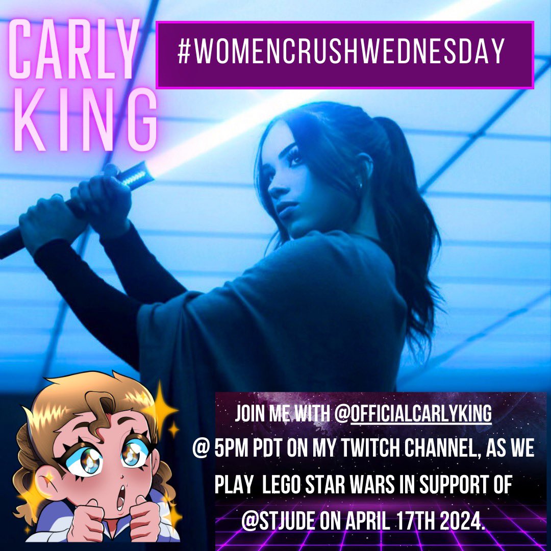 Join me Wednesday April 17 at 5pm PDT for #WomenCrushWednesday with Carly King @officialcarlyking as we play Lego: Star Wars in support of @stjude! Links in bio!! Xo 🩷🎮👾