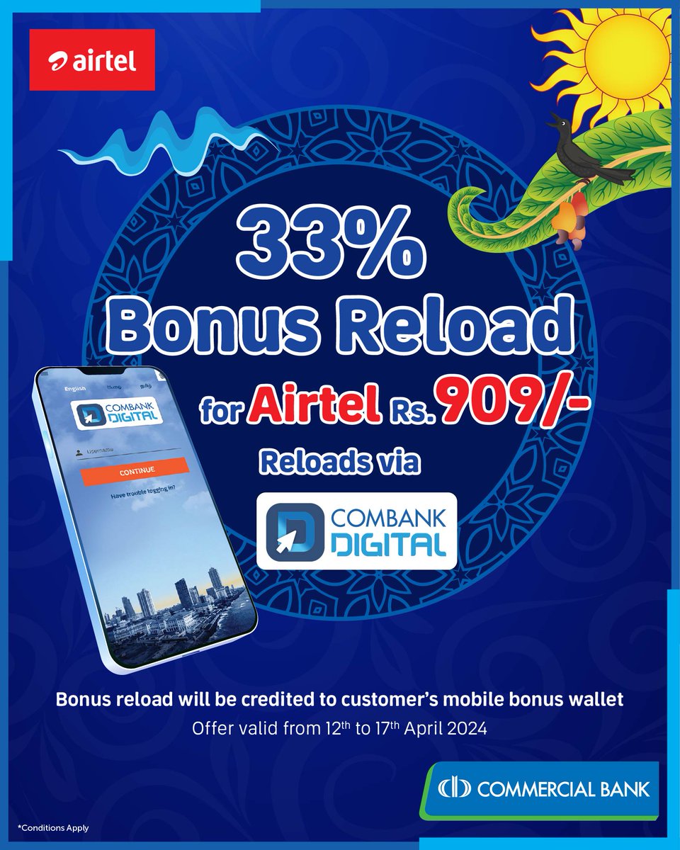 Stay connected with more value! Recharge your Airtel account with Rs. 909/- through ComBank Digital and enjoy a whopping 33% bonus reload. This exclusive offer is valid till April 17, 2024. Click the link: combank.page.link/CD & experience the joy of ComBank Digital today.