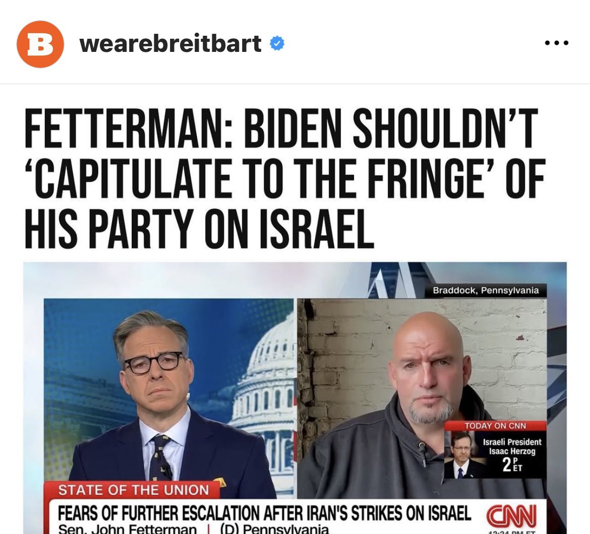 jakeshieldsajj's tweet photo. Breitbart was founded in Israel and run by an Israeli intelligence officer 

John Fetterman takes hundreds of thousands of dollars directly from Israel 

Jake Tapper is s Jewish zionist 

You aren't watching the news you are watching propaganda https://t.co/7NHdrJj23E