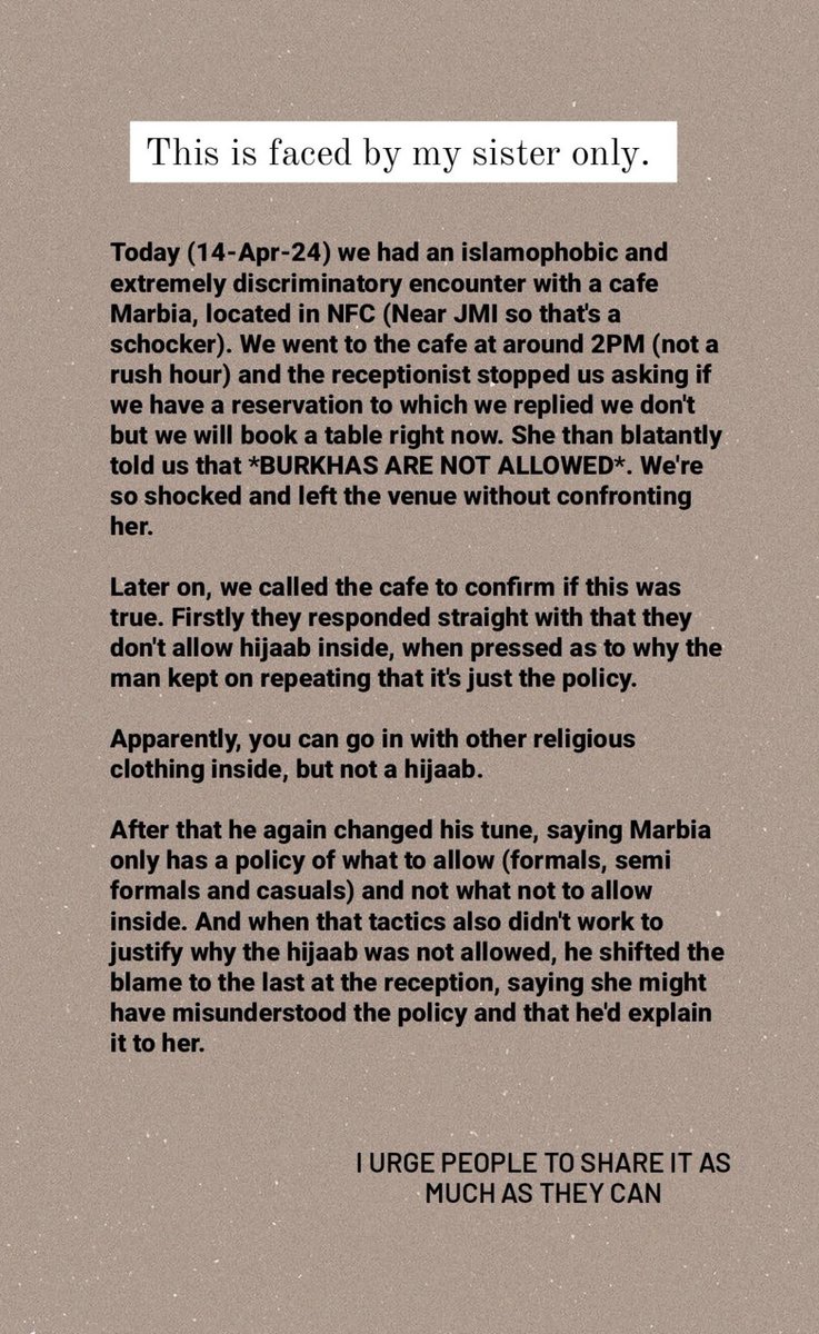 arbabali_jmi's tweet photo. A Muslim woman was yesterday denied entry into Marbia Cafe in Delhi’s New Friend’s Colony area because she wore a hijab!

The cafe staff said they only allow people in casual, formal, or semi-casual attire which is insane. I've seen many women wearing sarees and bindis there. https://t.co/vehqGj5eTX