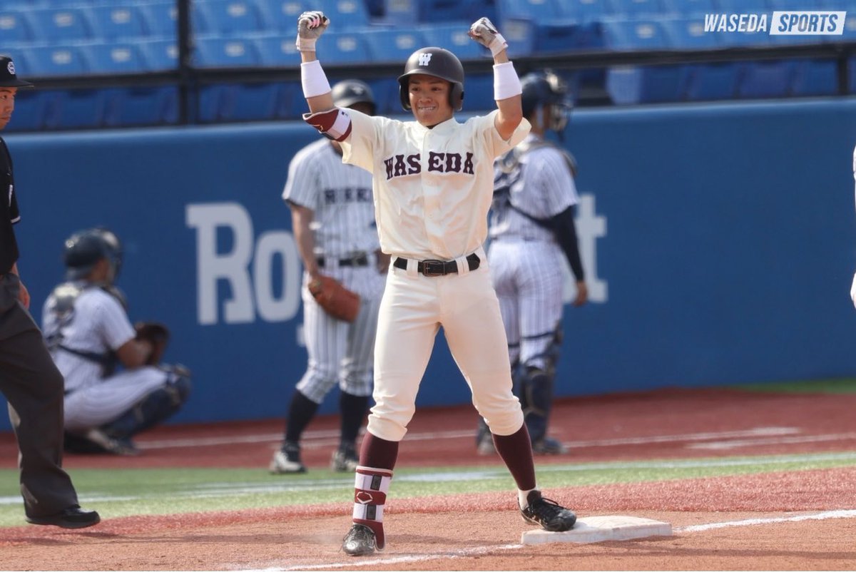 [野球] 東京六大学春季リーグ戦 ○早大７－１立大 同点で迎えた８回。吉納副将の犠飛で勝ち越し点を奪い、印出主将の適時打で差を広げる。その後も、石郷岡の適時三塁打などで一挙６点を奪う猛攻を見せ、第３戦に勝利。春季リーグ戦開幕カードの勝ち点を獲得した #sousupobaseball #waseda